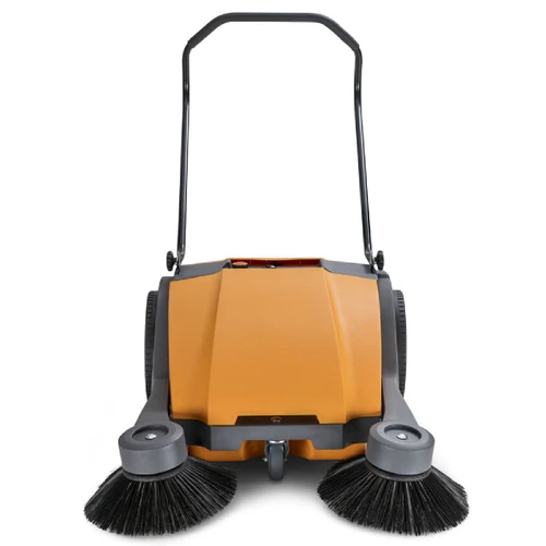 Front view of TASKI balimat 1600 pro showing dual side brooms for efficient debris pickup in a single pass.