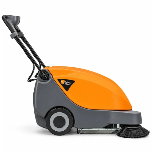 Side view of TASKI balimat 2300 compact battery sweeper with 24.4 inch cleaning path