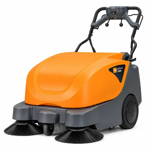 TASKI Balimat 3300 walk-behind industrial sweeper with dual side brushes and high-capacity debris hopper