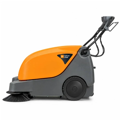 Side view of TASKI Balimat 3300 commercial floor sweeper showing compact design and large transport wheels
