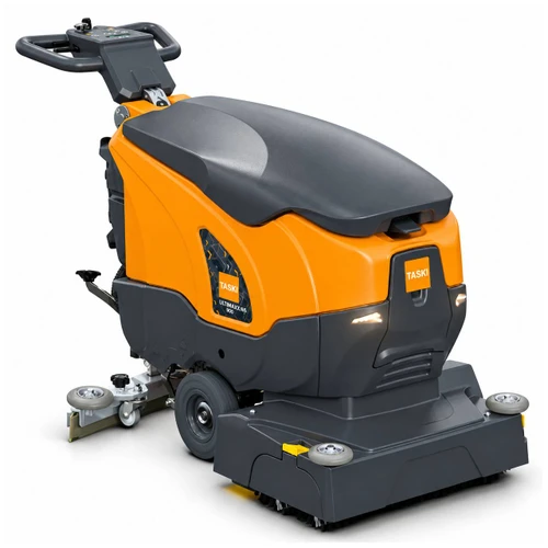 Side profile of TASKI ULTIMAXX 900 RB45 showing compact design and cylindrical brush cleaning system