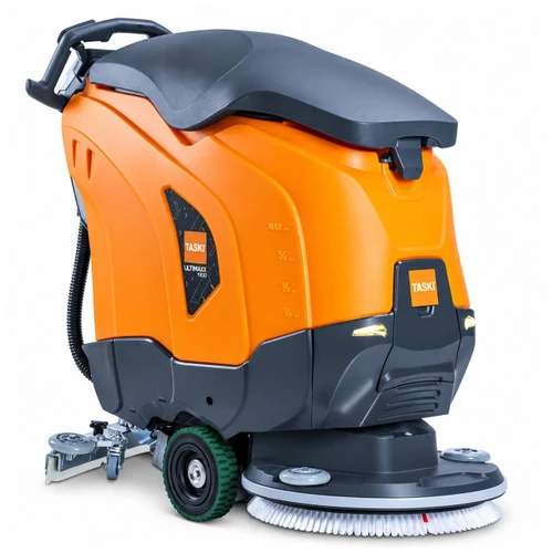 TASKI ULTIMAXX 1900 SD43 auto scrubber showing ergonomic design, 11.5-gallon tank capacity, and pad assist single disc cleaning system.