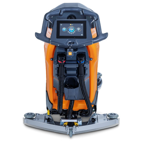 Rear view of TASKI ULTIMAXX 2900 OB50 showing squeegee system, recovery hoses, and controls