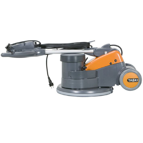 TASKI ergodisc 175 folded commercial floor machine with compact storage handle design and 20-inch scrubbing deck.