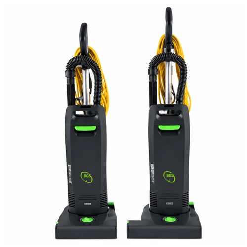 NSS Pacer 12UE and 15UE commercial upright HEPA vacuums shown side by side.