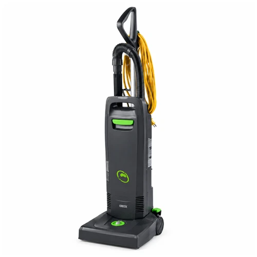 Front angle view of NSS Pacer upright HEPA vacuum cleaner for commercial carpet cleaning.