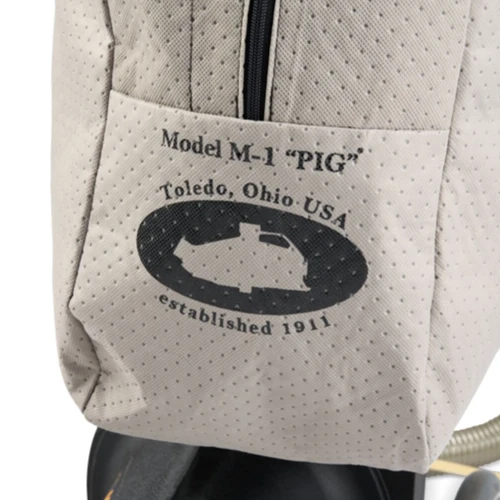 Close-up detail of the NSS Model M-1 “PIG” industrial vacuum bag showing Toledo, Ohio USA branding and durable cloth filter bag construction.