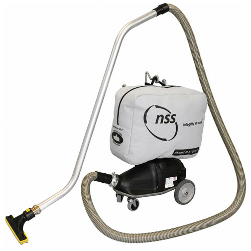 Complete NSS Model M-1 PIG industrial vacuum cleaner with universal collection bag, wheeled base, long vacuum hose, and floor cleaning wand attachment.