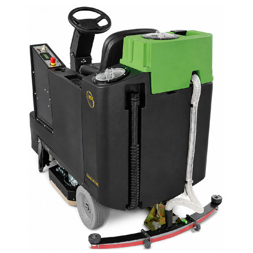 Rear angle view of the NSS Champ 2929 floor scrubber on a white background showing recovery tank system, operator seating area, steering controls, and curved rear squeegee assembly.