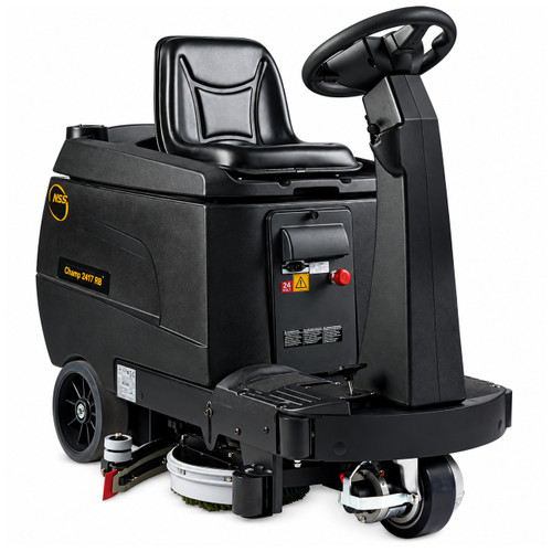 Front side view of the NSS Champ 2417 RB compact ride-on automatic floor scrubber. 