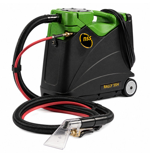 NSS Rally 55H heated portable carpet extractor with extraction hose, upholstery hand tool, commercial recovery system, and compact heated spot cleaning design.