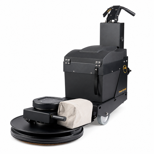 NSS Charger 2022 ABLT 20-inch battery-powered walk-behind floor burnisher with Vac-Trac dust control system and AGM battery on white background.