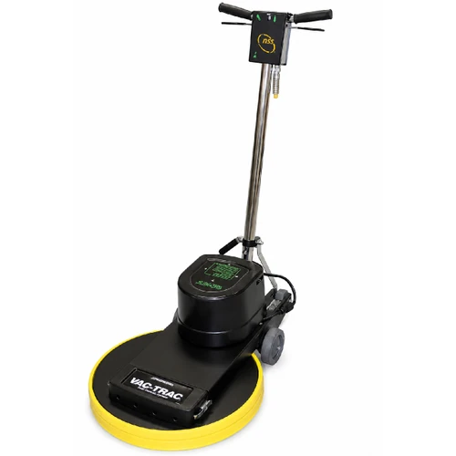 NSS Mustang 1500 high-speed floor burnisher with Vac-Trac dust control system shown on a white background. The commercial 20-inch electric burnisher features a yellow safety bumper, chrome handle assembly, heavy-duty wheels, and integrated dust collection system for high-gloss floor polishing applications.