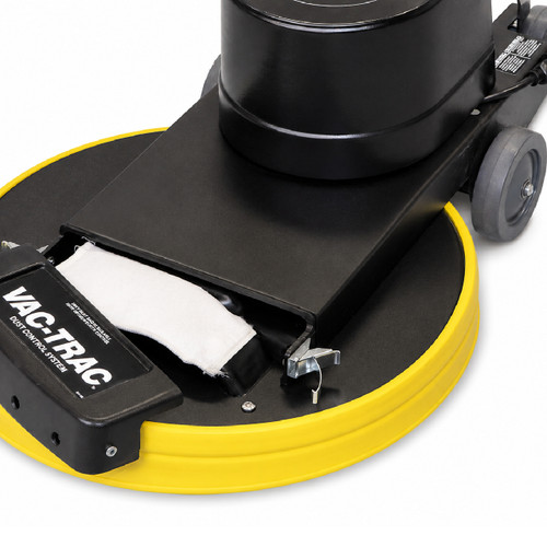 Close-up of the NSS Mustang 1500 Vac-Trac dust control system and burnishing deck. The image highlights the integrated dust capture filter system, yellow protective bumper ring, and high-speed polishing deck designed to reduce airborne dust during burnishing.