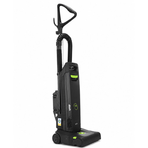 Angled studio product photo of the NSS Dash cordless upright vacuum featuring HEPA filtration, battery-powered operation, and commercial carpet cleaning performance.