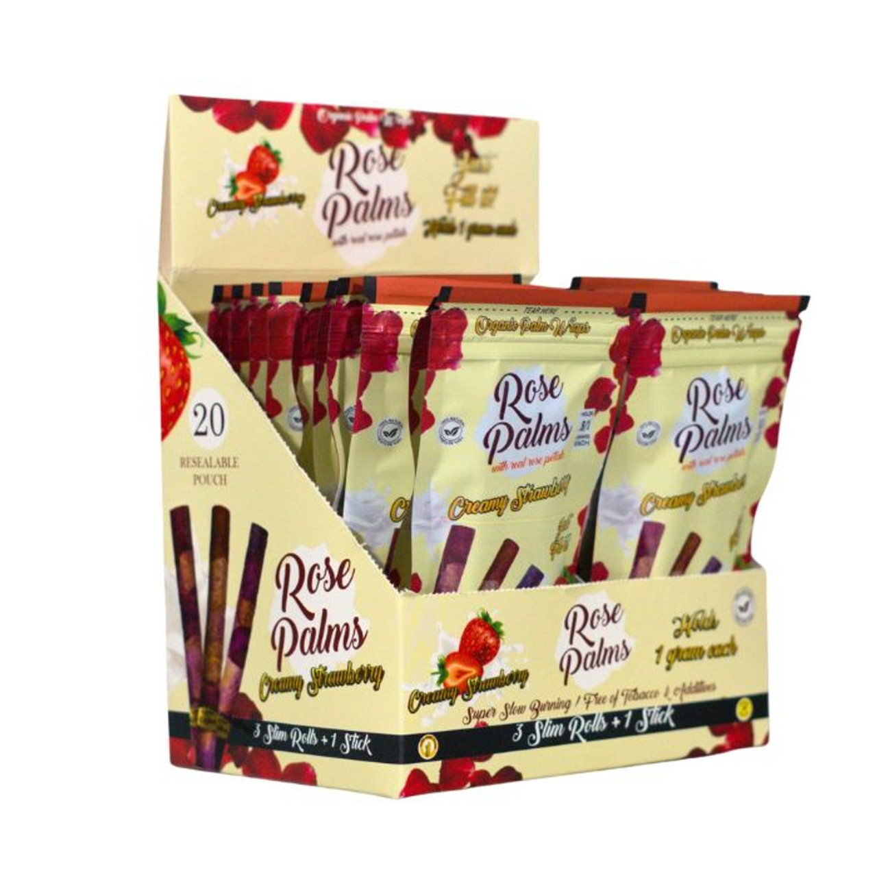 ROSE PALMS ORGANIC WRAPS W/ ROSE PETALS - 3 SLIM ROLLS + 1 STICK