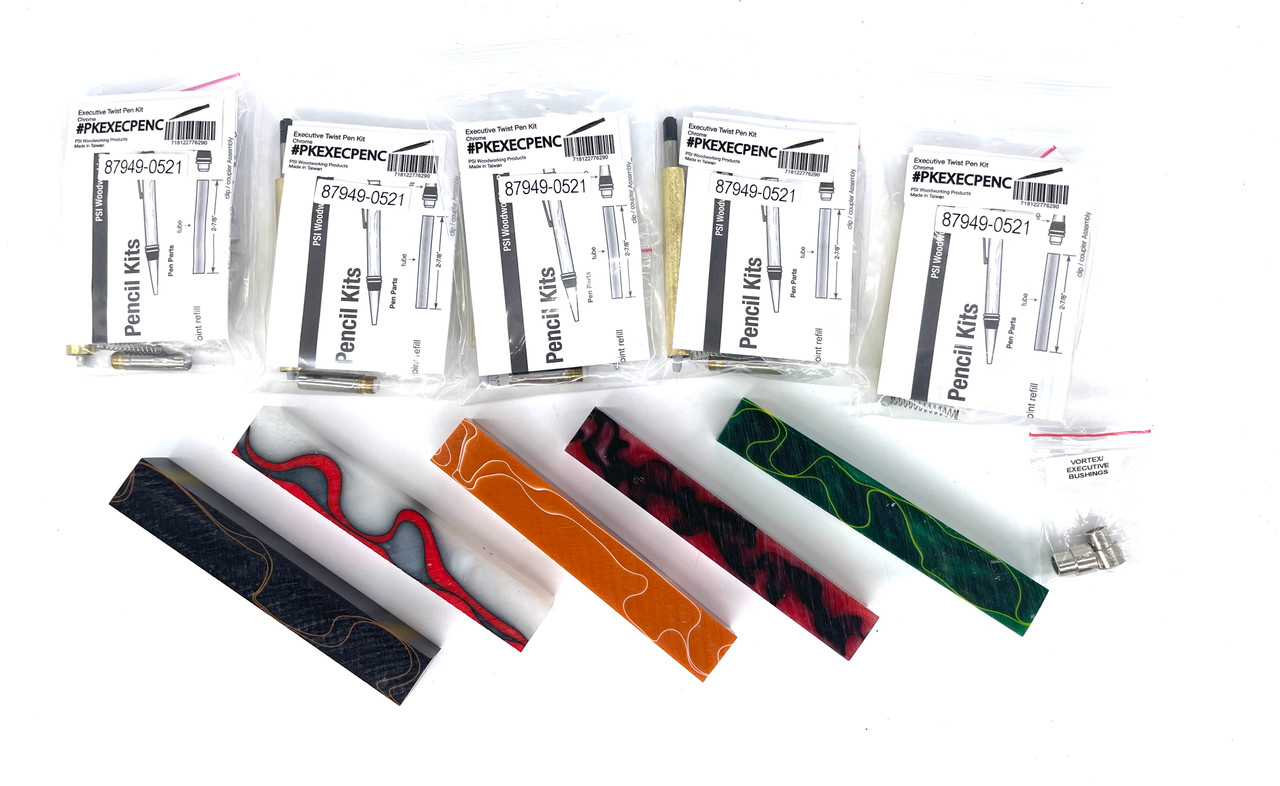 5 Executive Chrome Pen Kits + 5 Pen Blanks + Bushings & Free Shipping