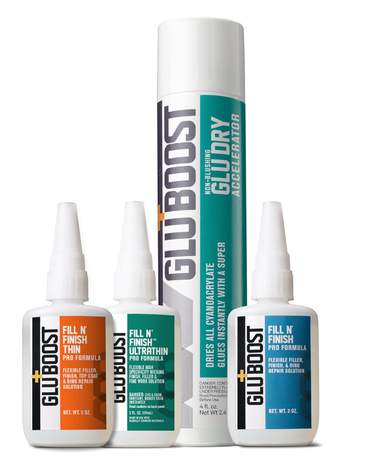 GluBoost 4 pc Bonus Combo Packs – GluDry Accelerator - Fill n’ Finish Pro Formula - Thin - Ultra Thin – White - Black - Lac R Shot (GluDry Acclerator + Fill n’ Finish Pro Formula, Thin, Ultra Thin) 