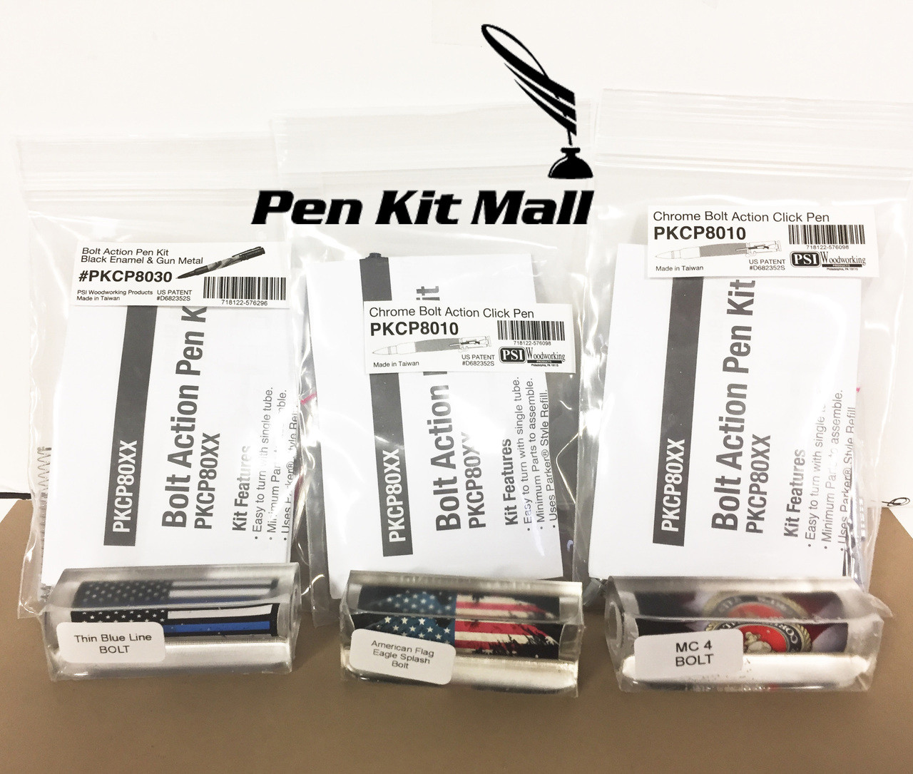 3 Bolt Action Pen Kits with 3 Cast Label Blanks