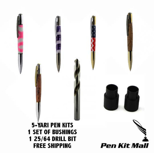 5 Executive Chrome Pen Kits + 5 Pen Blanks + Bushings & Free Shipping