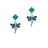 Dragonfly with Green & Blue Wings Teal Crystal Diamond-Shape Earrings
