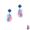 Large Translucent Hot Pink & Blue Flying Butterfly Blue Crystal Diamond-Shape Earrings