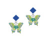 Large Lime Green & Blue Butterfly Blue Crystal Diamond-Shape Earrings