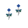 Dragonfly with Green & Blue Wings Blue Crystal Diamond-Shape Earrings