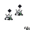 Resin Panda Bear Best Friends Black Crystal Diamond-Shape Earrings