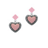 Large Pink Enamel Heart with Swirl Border Pink Crystal Diamond-Shape Earrings