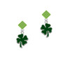 Two Sided Green Enamel Lucky Four Leaf Clover Lime Green Crystal Diamond-Shape Earrings