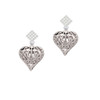 Large Open Filigree Heart White Clear Crystal Diamond-Shape Earrings