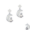 Large Imitation Pearl Owl Sitting on White Moon White Clear Crystal Diamond-Shape Earrings