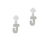 Crystal Initial - J - Beaded Border - White Clear Crystal Diamond-Shape Earrings