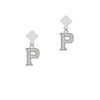 Crystal Initial - P - Beaded Border - White Clear Crystal Diamond-Shape Earrings