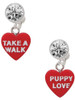 Acrylic Red "Puppy Love / Take a Walk" Heart - Crystal Clip on Earrings: Color Choice - Red, Green, Blue, Purple, Pink, Clear, Black