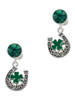 Silver Plated Good Luck Horseshoe with Green Four Leaf Clover - Crystal Clip on Earrings