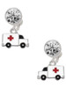 Silver Plated Ambulance with Cross - Crystal Clip on Earrings: Color Choice - Red, Green, Blue, Purple, Pink, Clear, Black