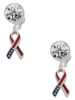 Silver Plated Patriotic Ribbon - Crystal Clip on Earrings: Color Choice - Red, Green, Blue, Purple, Pink, Clear, Black