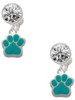 Silver Plated Small Teal Paw - Crystal Clip on Earrings: Color Choice - Red, Green, Blue, Purple, Pink, Clear, Black