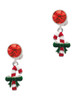 Silver Plated Candy Cane with Green Bow - Crystal Clip on Earrings