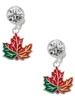 Silver Plated Large Orange Fall Leaf - Crystal Clip on Earrings