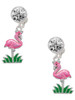 Silver Plated Hot Pink Enamel Flamingo with Grass - Crystal Clip on Earrings: Color Choice - Red, Green, Blue, Purple, Pink, Clear, Black