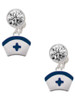 Silver Plated Nurse Hat with Blue Cross - Crystal Clip on Earrings: Color Choice - Red, Green, Blue, Purple, Pink, Clear, Black
