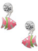 Silver Plated Hot Pink Tropical Fish with Lime Green Stripe - Crystal Clip on Earrings: Color Choice - Red, Green, Blue, Purple, Pink, Clear, Black
