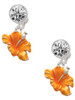 Silver Plated Hot Orange Hibiscus Flower - Crystal Clip on Earrings: Color Choice - Red, Green, Blue, Purple, Pink, Clear, Black