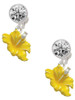 Silver Plated Yellow Hibiscus Flower - Crystal Clip on Earrings: Color Choice - Red, Green, Blue, Purple, Pink, Clear, Black