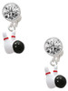 Silver Plated Bowling Pins with Bowling Ball - Crystal Clip on Earrings: Color Choice - Red, Green, Blue, Purple, Pink, Clear, Black
