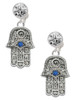 Silver Plated Hamsa Hand with Blue Crystal - Crystal Clip on Earrings: Color Choice - Red, Green, Blue, Purple, Pink, Clear, Black