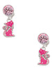 Silver Plated Hot Pink Glitter Cat - Crystal Clip on Earrings